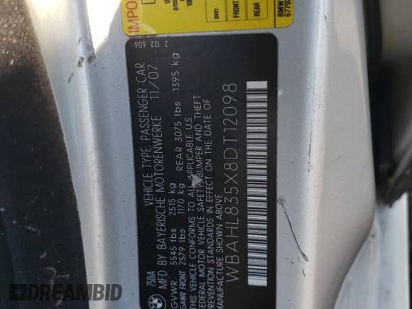 2008 BMW 7 Series 750i with VIN WBAHL835X8DT12098, listed as a Copart auction lot 82220094 with 137,493 mi miles and Salvage title. Bid and sale history available at DreamBid. Image 14.