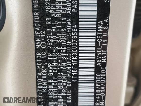 2012 Toyota Camry L с VIN 4T1BF1FK3CU076584, выставлен на аукционе Copart как лот 90836535 с пробегом 147 987 миль миль и Чистый • Clean title. История ставок и продаж доступна на DreamBid. Изображение 12.