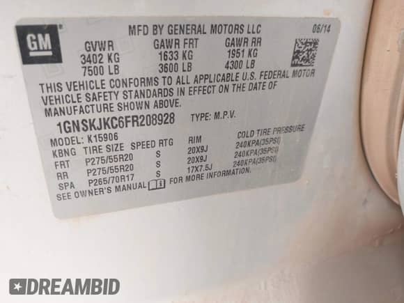 2015 Chevrolet Suburban LT с VIN 1GNSKJKC6FR208928, выставлен на аукционе IAAI как лот 43416270 с пробегом 251 721 миль миль и . История ставок и продаж доступна на DreamBid. Изображение 9.