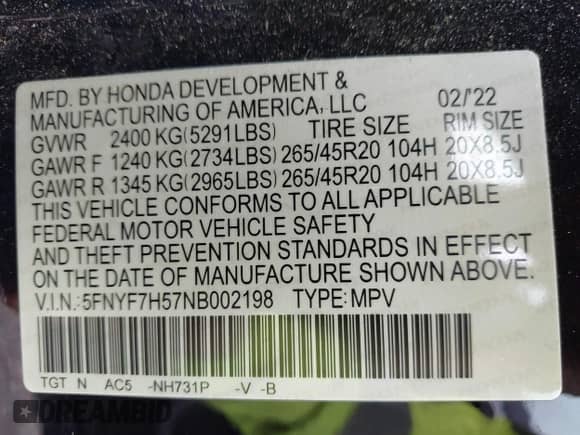 2022 Honda Passport EX-L с VIN 5FNYF7H57NB002198, выставлен на аукционе IAAI как лот 43257117 с пробегом 42 129 миль миль и . История ставок и продаж доступна на DreamBid. Изображение 9.
