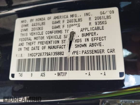 2009 Honda Accord EX z VIN 1HGCP26779A135882, wystawiony jako IAAI lot #43095406 z przebiegiem 178 114 mil mil oraz . Historia ofert i sprzedaży dostępna na DreamBid. Obrazek 9.
