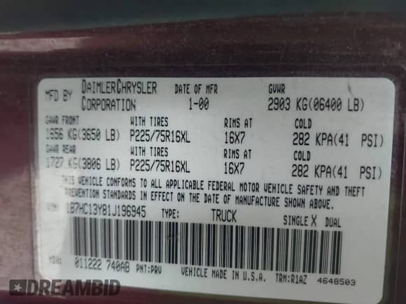 2001 Dodge 1500 with VIN 1B7HC13Y81J196945, listed as a IAAI auction lot 43109878 with Not provided miles and . Bid and sale history available at DreamBid. Image 9.