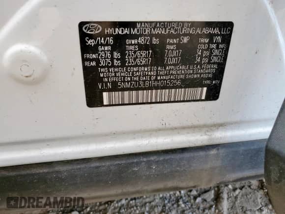 2017 Hyundai Santa Fe 2.4L с VIN 5NMZU3LB1HH015256, выставлен на аукционе Copart как лот 82183125 с пробегом Не указан миль и Списание • Salvage title. История ставок и продаж доступна на DreamBid. Изображение 13.