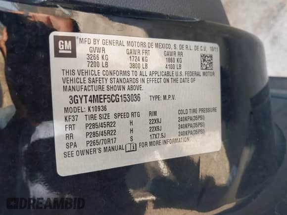 2012 Cadillac Escalade EXT Luxury with VIN 3GYT4MEF5CG153036, listed as a IAAI auction lot 43349035 with 140,716 mi miles and . Bid and sale history available at DreamBid. Image 9.