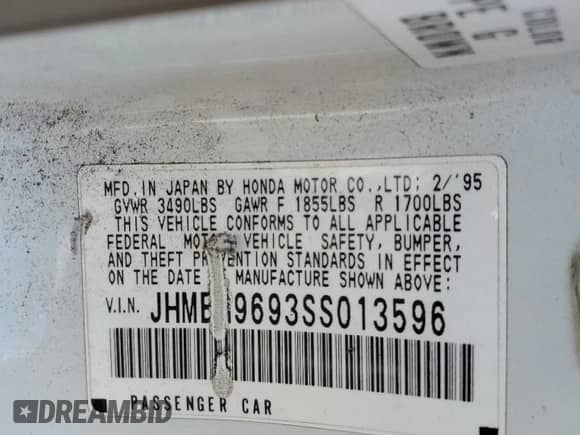 1995 Honda Civic z VIN JHMEH9693SS013596, wystawiony jako Copart lot #59222455 z przebiegiem 209 892 mil mil oraz Szkoda całkowita • Salvage title. Historia ofert i sprzedaży dostępna na DreamBid. Obrazek 12.