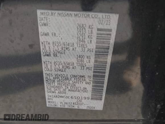 2013 Nissan Pathfinder SV with VIN 5N1AR2MM5DC650199, listed as a IAAI auction lot 41758539 with 172,568 mi miles and . Bid and sale history available at DreamBid. Image 9.