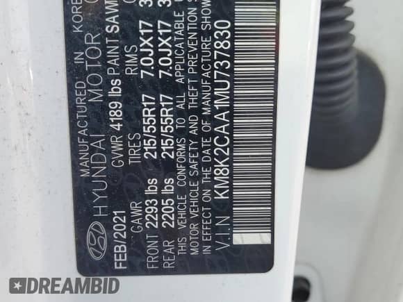 2021 Hyundai Kona SEL с VIN KM8K2CAA1MU737830, выставлен на аукционе Copart как лот 68791885 с пробегом 37 437 миль миль и Списание • Salvage title. История ставок и продаж доступна на DreamBid. Изображение 14.