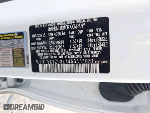 2016 Hyundai Santa Fe с VIN 5XYZU3LA4GG333081, выставлен на аукционе IAAI как лот 42282962 с пробегом 74 576 миль миль и . История ставок и продаж доступна на DreamBid. Изображение 9.