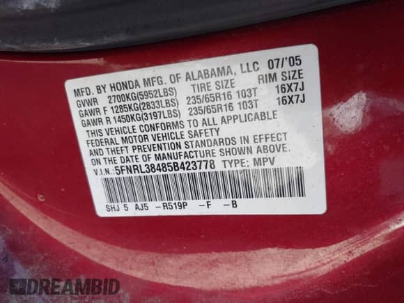 2005 Honda Odyssey EX с VIN 5FNRL38485B423778, выставлен на аукционе IAAI как лот 43459518 с пробегом 206 738 миль миль и . История ставок и продаж доступна на DreamBid. Изображение 9.