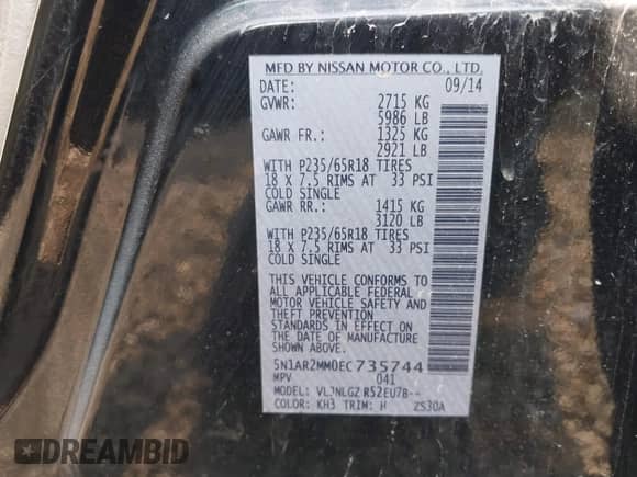 2014 Nissan Pathfinder Platinum с VIN 5N1AR2MM0EC735744, выставлен на аукционе IAAI как лот 42429341 с пробегом 194 524 миль миль и . История ставок и продаж доступна на DreamBid. Изображение 9.