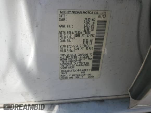 2012 Nissan Frontier SV с VIN 1N6AD0EV3CC444017, выставлен на аукционе Copart как лот 63424915 с пробегом 221 187 миль миль и Списание • Salvage title. История ставок и продаж доступна на DreamBid. Изображение 12.