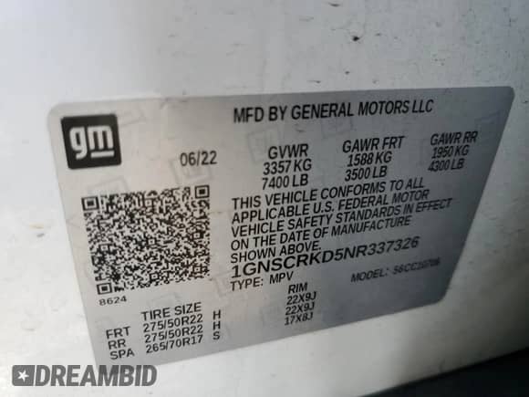 2022 Chevrolet Tahoe RST z VIN 1GNSCRKD5NR337326, wystawiony jako Copart lot #48881885 z przebiegiem 69 736 mil mil oraz Szkoda całkowita • Salvage title. Historia ofert i sprzedaży dostępna na DreamBid. Obrazek 13.