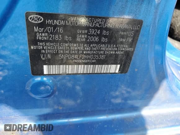 2017 Hyundai Elantra Limited with VIN 5NPD84LF2HH035381, listed as a Copart auction lot 65329975 with 175,320 mi miles and Salvage title. Bid and sale history available at DreamBid. Image 13.