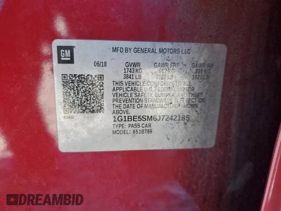 2018 Chevrolet Cruze LT with VIN 1G1BE5SM6J7242185, listed as a Copart auction lot 86775785 with 116,935 mi miles and Salvage title. Bid and sale history available at DreamBid. Image 12.