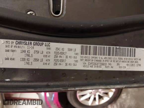 2015 Dodge Journey SXT with VIN 3C4PDDBG3FT596818, listed as a IAAI auction lot 42722530 with 148,968 mi miles and . Bid and sale history available at DreamBid. Image 9.