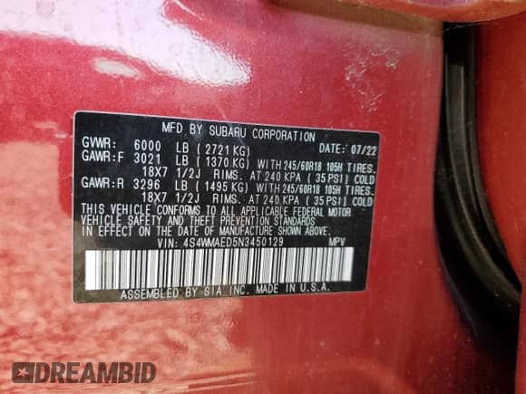 2022 Subaru Ascent Premium с VIN 4S4WMAED5N3450129, выставлен на аукционе Copart как лот 67065615 с пробегом 60 573 миль миль и Списание • Salvage title. История ставок и продаж доступна на DreamBid. Изображение 14.