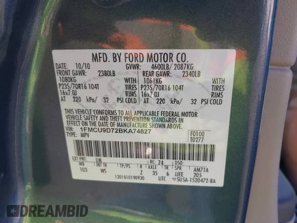 2011 Ford Escape XLT with VIN 1FMCU9D72BKA74827, listed as a IAAI auction lot 43270740 with 146,183 mi miles and . Bid and sale history available at DreamBid. Image 9.