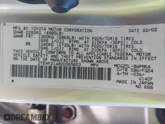 2002 Toyota Highlander с VIN JTEHF21A820065603, выставлен на аукционе IAAI как лот 43479588 с пробегом 195 639 миль миль и . История ставок и продаж доступна на DreamBid. Изображение 9.