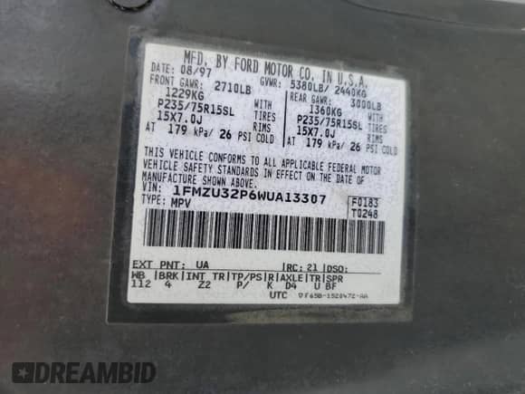 1998 Ford Explorer XLT с VIN 1FMZU32P6WUA13307, выставлен на аукционе Copart как лот 85695964 с пробегом 228 539 миль миль и Списание • Salvage title. История ставок и продаж доступна на DreamBid. Изображение 13.