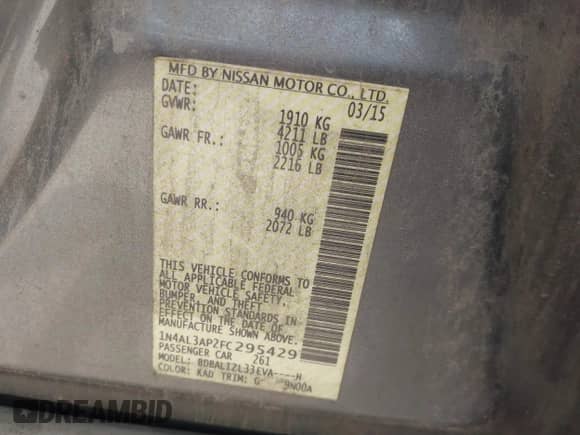 2015 Nissan Altima S z VIN 1N4AL3AP2FC295429, wystawiony jako IAAI lot #42880213 z przebiegiem 126 884 mil mil oraz . Historia ofert i sprzedaży dostępna na DreamBid. Obrazek 9.