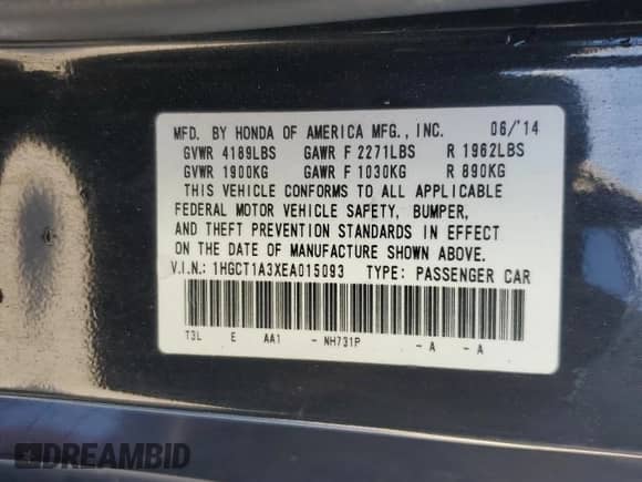 2014 Honda Accord LX-S with VIN 1HGCT1A3XEA015093, listed as a Copart auction lot 41689925 with 163,500 mi miles and Salvage title. Bid and sale history available at DreamBid. Image 12.