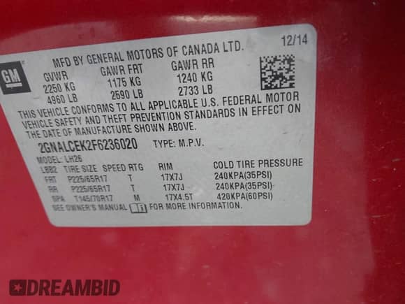 2015 Chevrolet Equinox LT z VIN 2GNALCEK2F6236020, wystawiony jako IAAI lot #43139199 z przebiegiem 135 821 mil mil oraz . Historia ofert i sprzedaży dostępna na DreamBid. Obrazek 9.