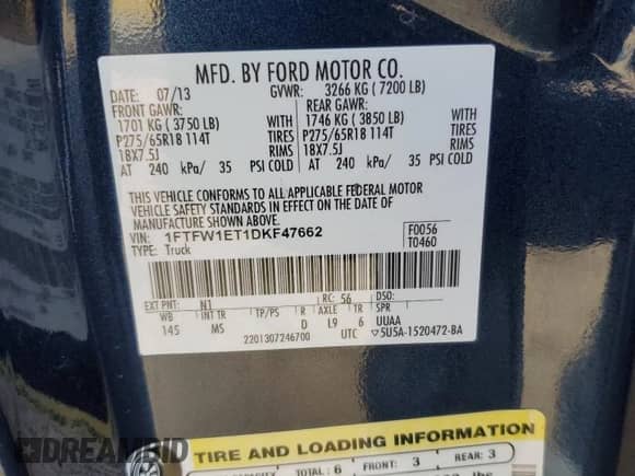 2013 Ford F-150 Lariat with VIN 1FTFW1ET1DKF47662, listed as a Copart auction lot 86093155 with 179,496 mi miles and Salvage title. Bid and sale history available at DreamBid. Image 12.