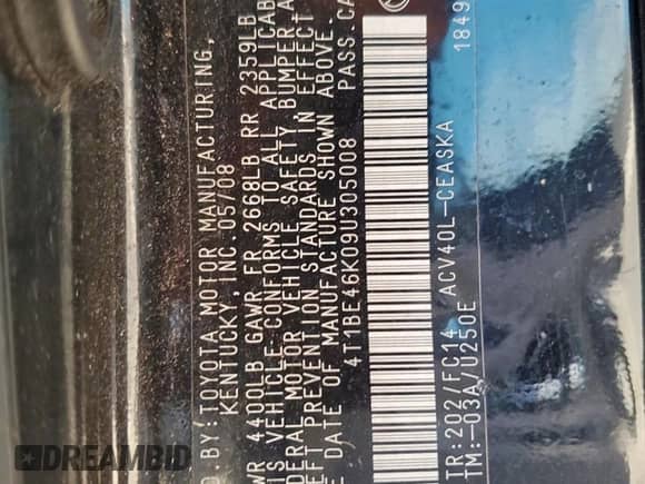 2009 Toyota Camry with VIN 4T1BE46K09U305008, listed as a Copart auction lot 81161195 with 200,689 mi miles and Salvage title. Bid and sale history available at DreamBid. Image 12.