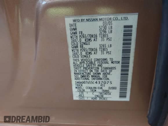 2005 Nissan Frontier SE z VIN 1N6AD07U55C437075, wystawiony jako IAAI lot #42844873 z przebiegiem 210 886 mil mil oraz . Historia ofert i sprzedaży dostępna na DreamBid. Obrazek 9.