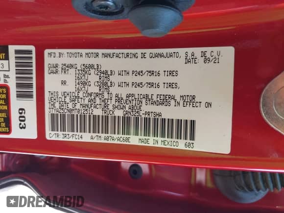 2021 Toyota Tacoma SR5 with VIN 3TYAZ5CN0MT012512, listed as a IAAI auction lot 43257664 with 34,488 mi miles and . Bid and sale history available at DreamBid. Image 9.