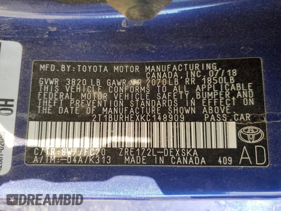 2019 Toyota Corolla L с VIN 2T1BURHEXKC148909, выставлен на аукционе Copart как лот 82454035 с пробегом 144 407 миль миль и Списание • Salvage title. История ставок и продаж доступна на DreamBid. Изображение 12.