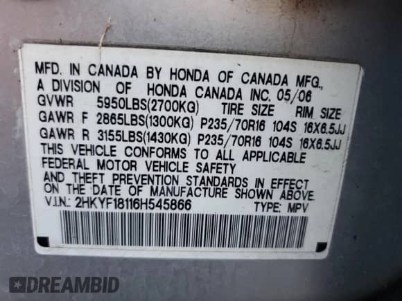 2006 Honda Pilot LX с VIN 2HKYF18116H545866, выставлен на аукционе Copart как лот 69653205 с пробегом 155 944 миль миль и Списание • Salvage title. История ставок и продаж доступна на DreamBid. Изображение 13.