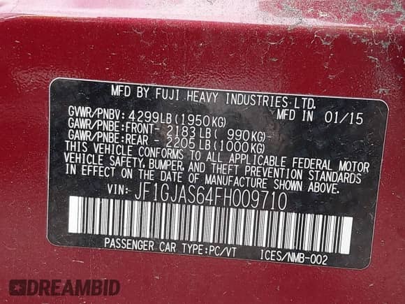 2015 Subaru Impreza Limited with VIN JF1GJAS64FH009710, listed as a IAAI auction lot 42260497 with 117,088 mi miles and . Bid and sale history available at DreamBid. Image 9.