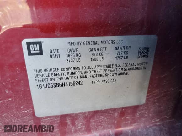 2017 Chevrolet Sonic LT с VIN 1G1JC5SB6H4156242, выставлен на аукционе Copart как лот 45574005 с пробегом Не указан миль и Списание • Salvage title. История ставок и продаж доступна на DreamBid. Изображение 13.