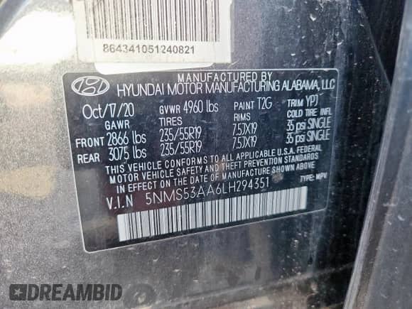 2020 Hyundai Santa Fe Limited with VIN 5NMS53AA6LH294351, listed as a Copart auction lot 70368985 with 38,859 mi miles and Salvage title. Bid and sale history available at DreamBid. Image 13.