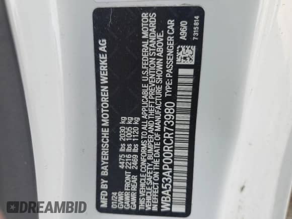 2024 BMW 4 Series 430i z VIN WBA53AP00RCR73980, wystawiony jako Copart lot #53991615 z przebiegiem 24 375 mil mil oraz Szkoda całkowita • Salvage title. Historia ofert i sprzedaży dostępna na DreamBid. Obrazek 12.