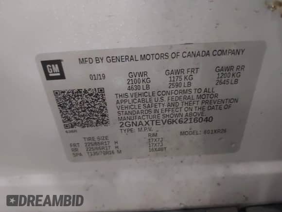 2019 Chevrolet Equinox LT с VIN 2GNAXTEV6K6216040, выставлен на аукционе IAAI как лот 43061056 с пробегом 72 326 миль миль и . История ставок и продаж доступна на DreamBid. Изображение 9.