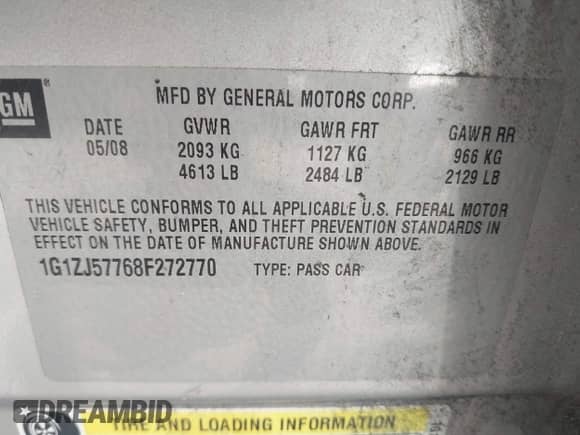 2008 Chevrolet Malibu 2LT с VIN 1G1ZJ57768F272770, выставлен на аукционе IAAI как лот 42475461 с пробегом 184 405 миль миль и . История ставок и продаж доступна на DreamBid. Изображение 9.