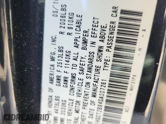 2016 Honda Accord EX-L with VIN 1HGCT2B94GA007261, listed as a Copart auction lot 64977815 with 191,258 mi miles and Salvage title. Bid and sale history available at DreamBid. Image 12.