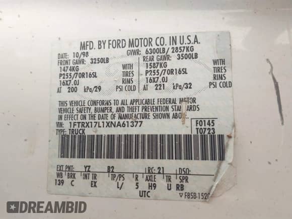 1999 Ford F-150 XL with VIN 1FTRX17L1XNA61377, listed as a IAAI auction lot 42475056 with Not provided miles and . Bid and sale history available at DreamBid. Image 9.