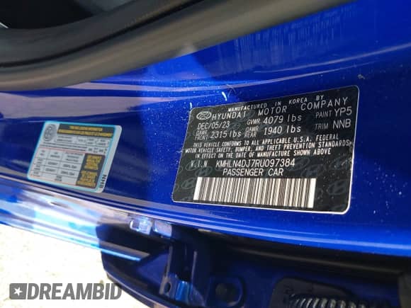 2024 Hyundai Elantra Limited with VIN KMHLN4DJ7RU097384, listed as a IAAI auction lot 43289320 with 57,240 mi miles and . Bid and sale history available at DreamBid. Image 9.