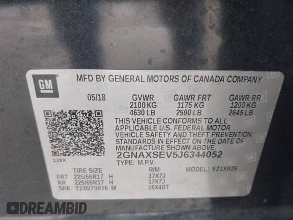 2018 Chevrolet Equinox LT with VIN 2GNAXSEV5J6344052, listed as a IAAI auction lot 43291150 with 77,204 mi miles and . Bid and sale history available at DreamBid. Image 9.