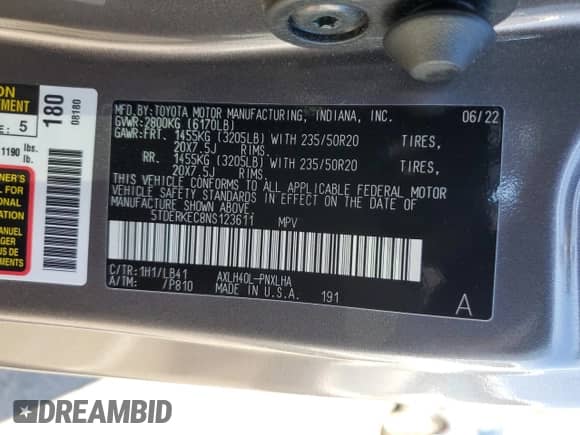 2022 Toyota Sienna Platinum с VIN 5TDERKEC8NS123611, выставлен на аукционе Copart как лот 86436405 с пробегом 26 341 миль миль и Списание • Salvage title. История ставок и продаж доступна на DreamBid. Изображение 14.