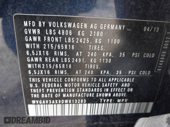 2013 Volkswagen Tiguan SE z VIN WVGAV3AX9DW613283, wystawiony jako IAAI lot #41954359 z przebiegiem 147 525 mil mil oraz . Historia ofert i sprzedaży dostępna na DreamBid. Obrazek 9.