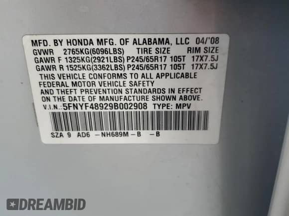 2009 Honda Pilot Touring с VIN 5FNYF48929B002908, выставлен на аукционе Copart как лот 81255035 с пробегом Не указан миль и Списание • Salvage title. История ставок и продаж доступна на DreamBid. Изображение 13.