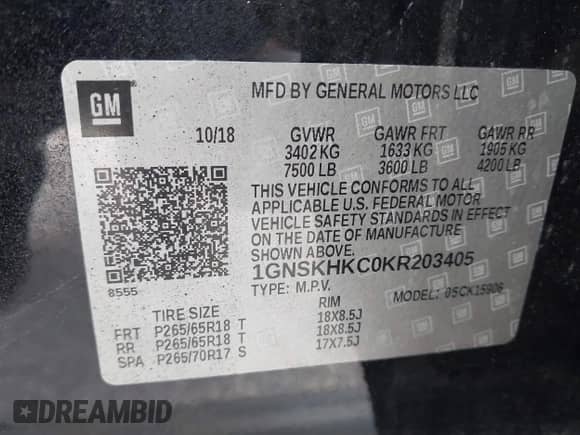 2019 Chevrolet Suburban LT с VIN 1GNSKHKC0KR203405, выставлен на аукционе IAAI как лот 42992355 с пробегом 110 789 миль миль и . История ставок и продаж доступна на DreamBid. Изображение 9.