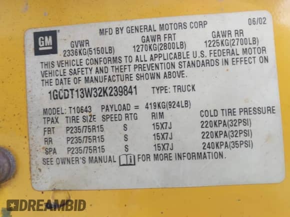 2002 Chevrolet S-10 LS с VIN 1GCDT13W32K239841, выставлен на аукционе IAAI как лот 42595721 с пробегом 304 261 миль миль и . История ставок и продаж доступна на DreamBid. Изображение 9.