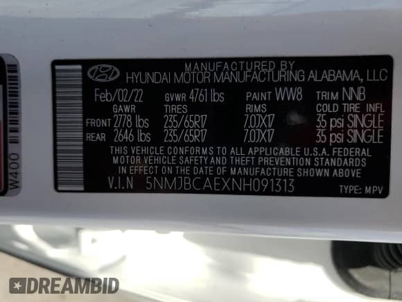 2022 Hyundai Tucson SEL with VIN 5NMJBCAEXNH091313, listed as a Copart auction lot 69121265 with 31,576 mi miles and Salvage title. Bid and sale history available at DreamBid. Image 13.