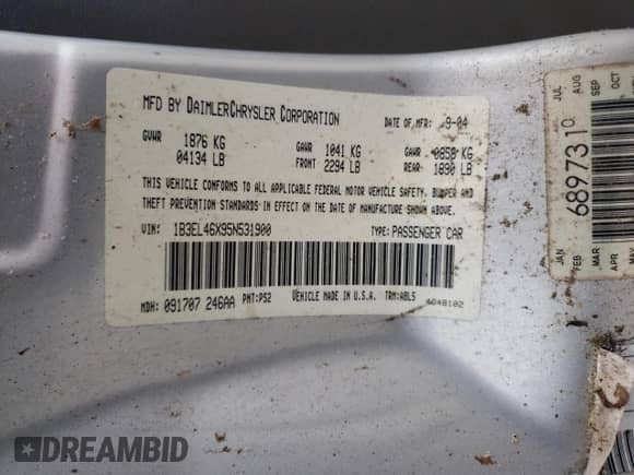 2005 Dodge Stratus SXT with VIN 1B3EL46X95N531900, listed as a Copart auction lot 64093085 with 218,827 mi miles and Salvage title. Bid and sale history available at DreamBid. Image 12.
