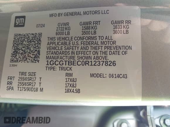 2024 Chevrolet Colorado 4WD Work Truck with VIN 1GCGTBEC0R1237826, listed as a IAAI auction lot 43046838 with 19,550 mi miles and . Bid and sale history available at DreamBid. Image 9.